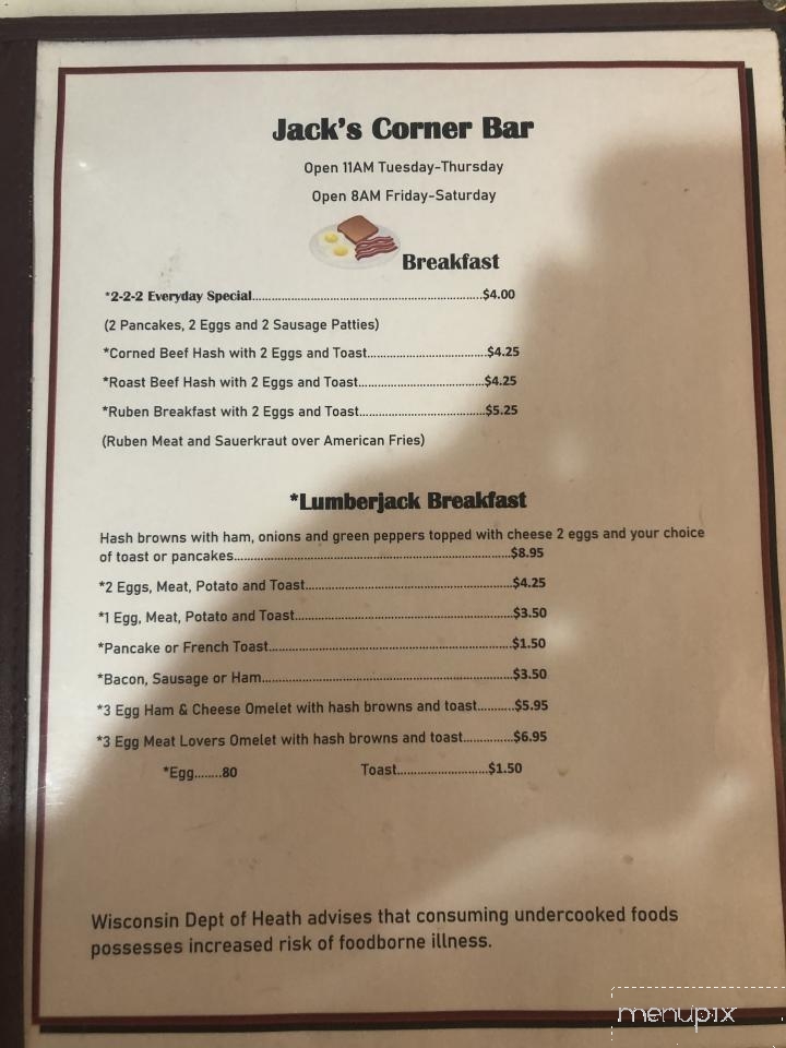 Jack's Corner Bar - Park Falls, WI menu_pic