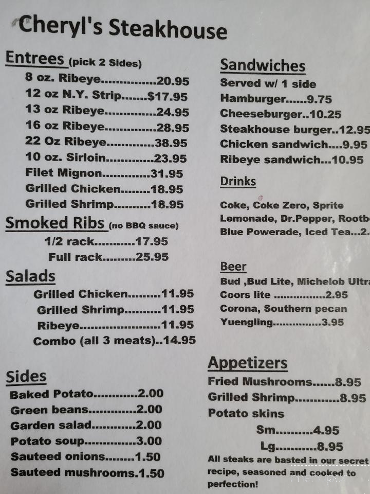 Cheryl's Steakhouse - Ocean Springs, MS menu_pic