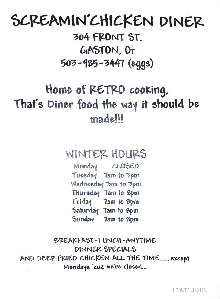 Screamin Chicken Diner - Gaston, OR menu_pic