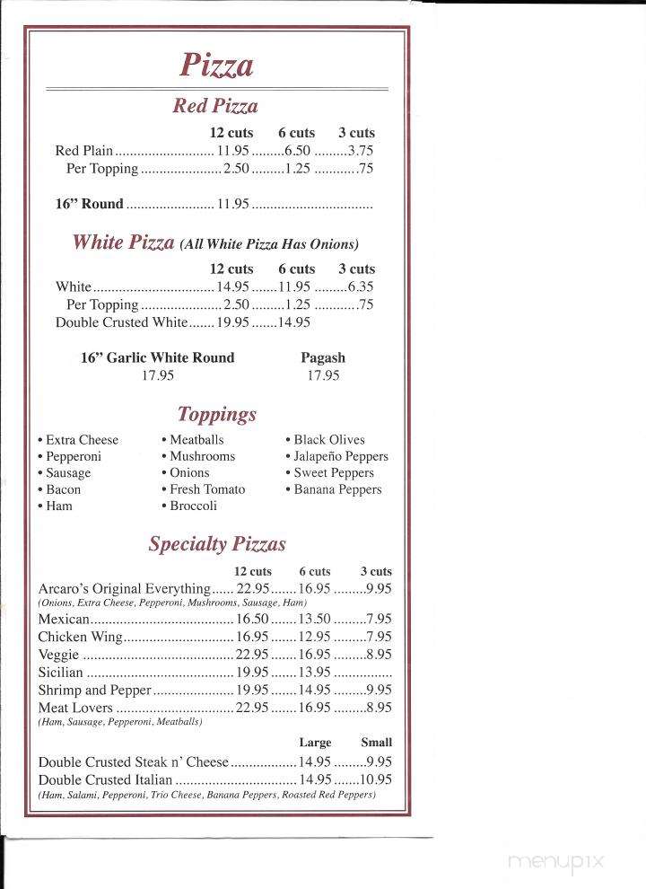 Arcaro's Pizza - Scranton, PA menu_pic