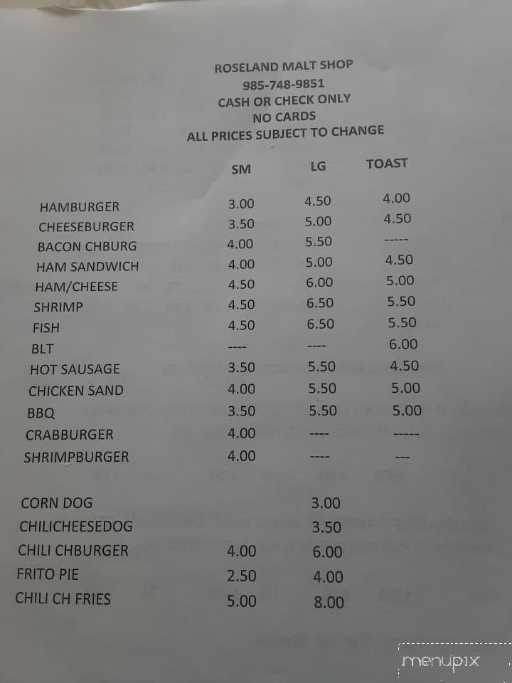 Roseland Malt Shop - Roseland, LA menu_pic