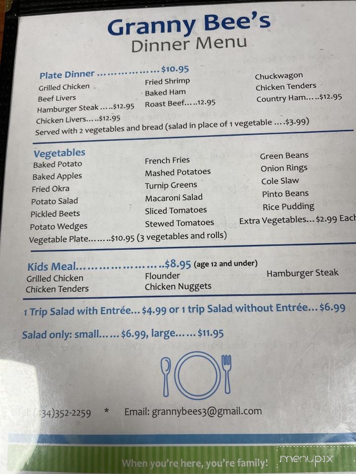 Granny Bee's - Appomattox, VA menu_pic