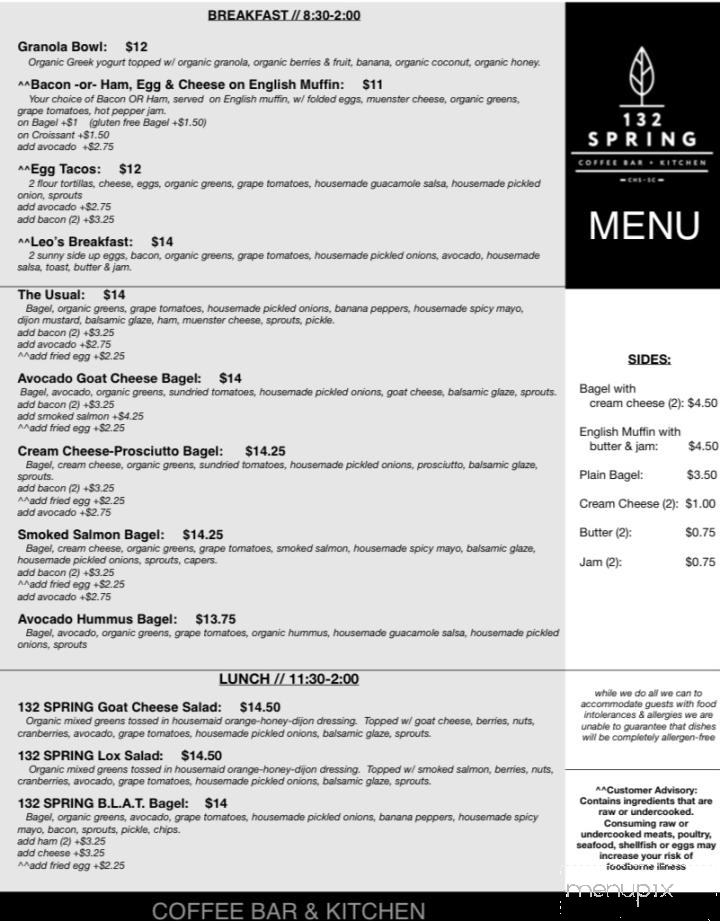 132 Spring Coffee & Kitchen Bar - Charleston, SC menu_pic