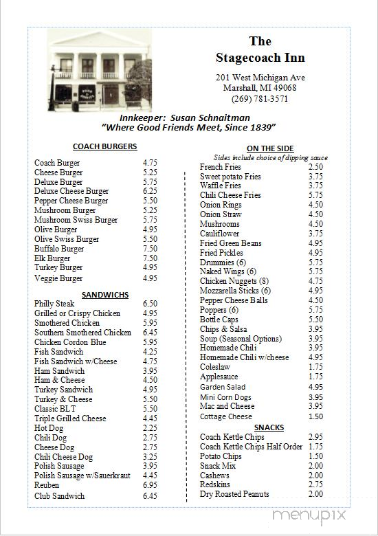 Stagecoach Inn - Marshall, MI menu_pic