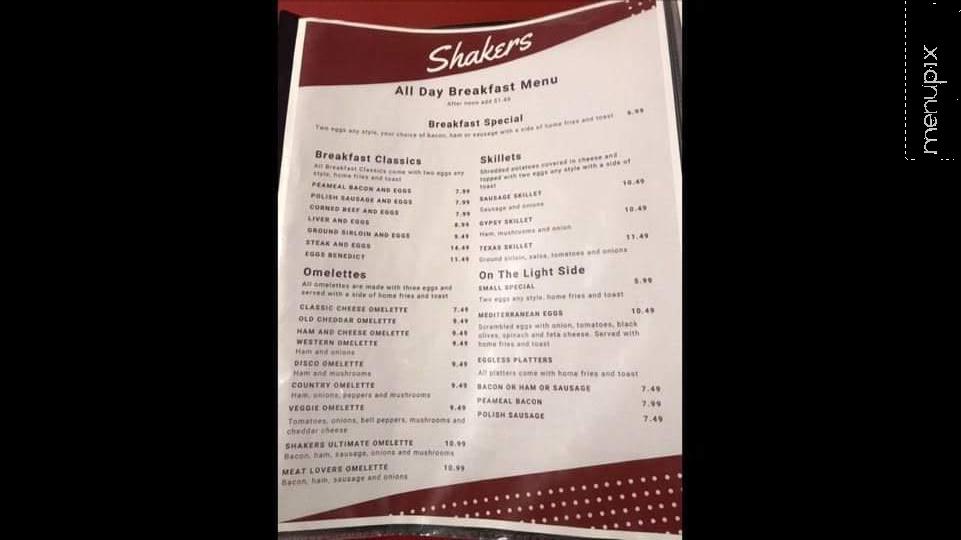 Shakers Family Restaurant - Plattsville, ON menu_pic