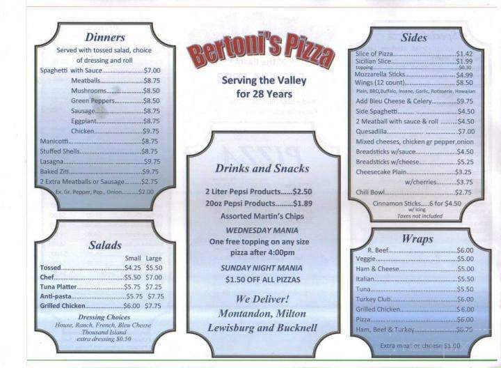 Bertoni's Pizza - Montandon, PA menu_pic