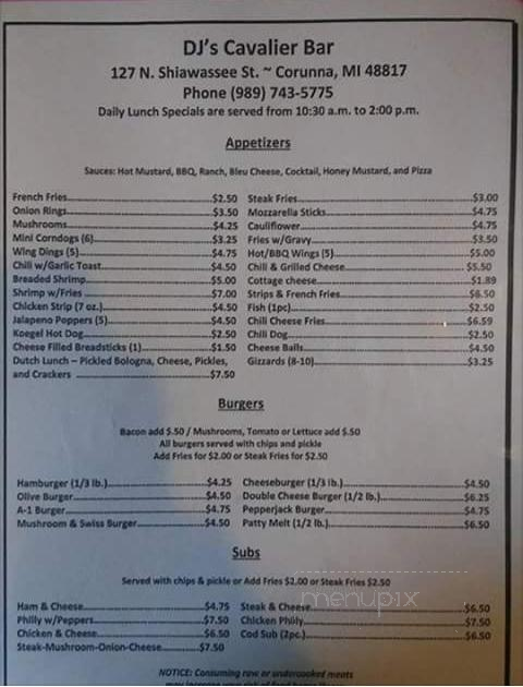 Cavalier Bar - Corunna, MI menu_pic