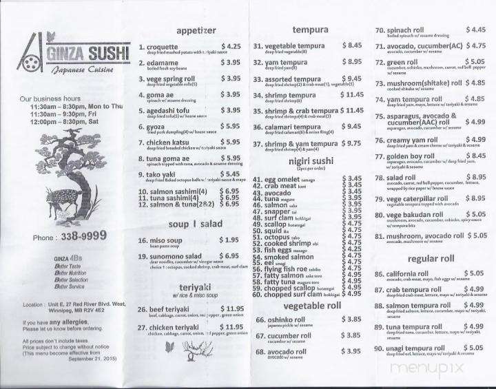 Ginza Sushi - Winnipeg, MB menu_pic