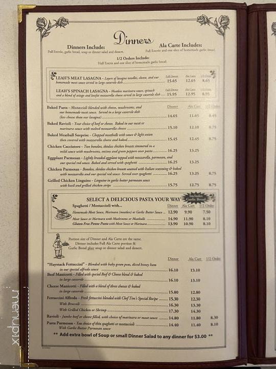 Leah's Italian Restaurant - Muskego, WI menu_pic