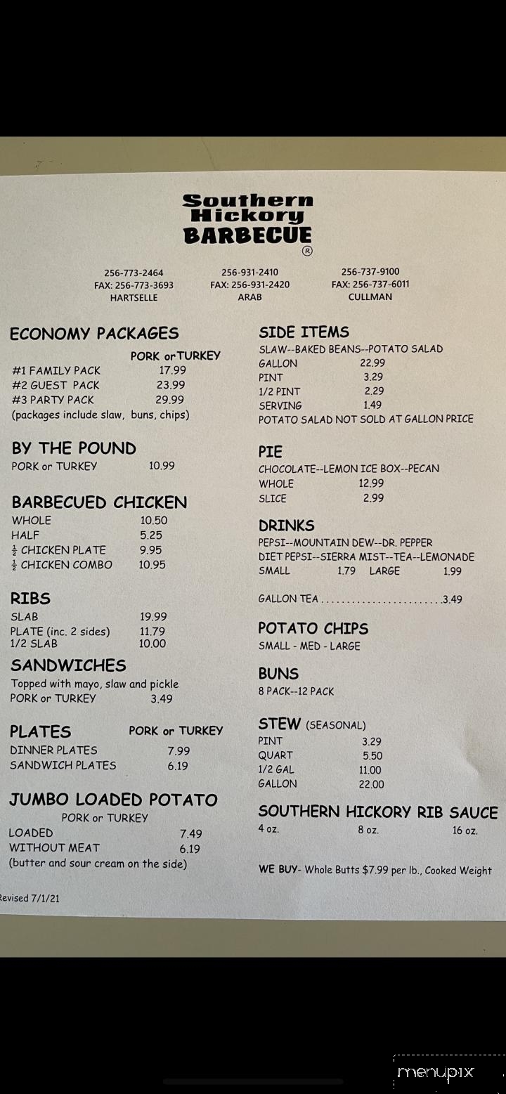 Southern Hickory Barbecue - Cullman, AL menu_pic