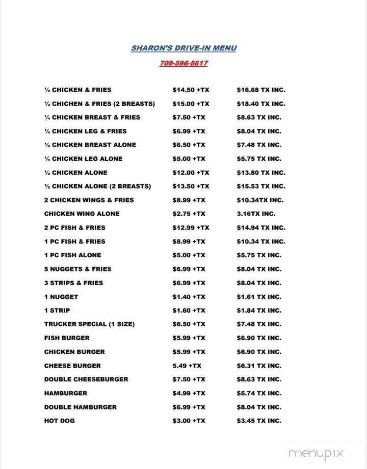 Sharon's Drive-In - Carbonear, NL menu_pic