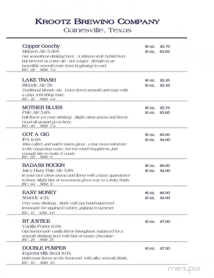 Krootz Brewing Company - Gainesville, TX menu_pic