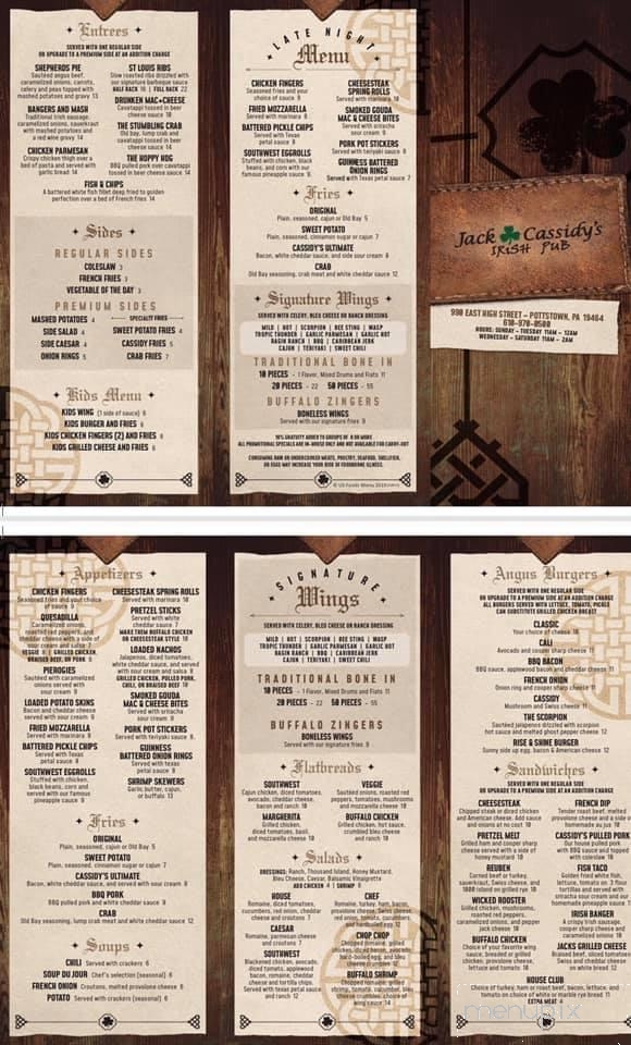 Jack Cassidy's Irish Pub - Pottstown, PA menu_pic