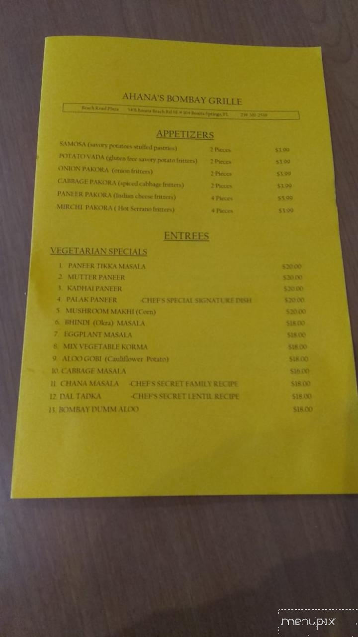 Ahana's Bombay Grille - Bonita Springs, FL menu_pic