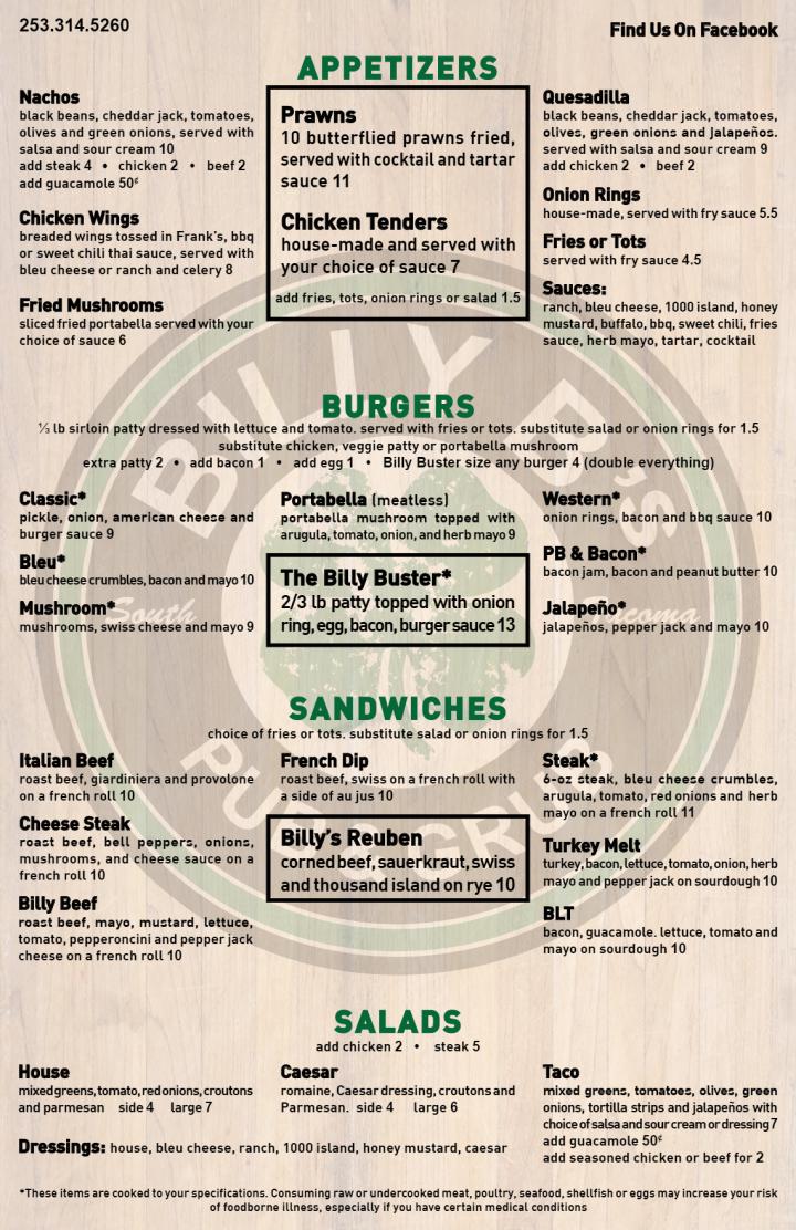 Billy B's - Tacoma, WA menu_pic