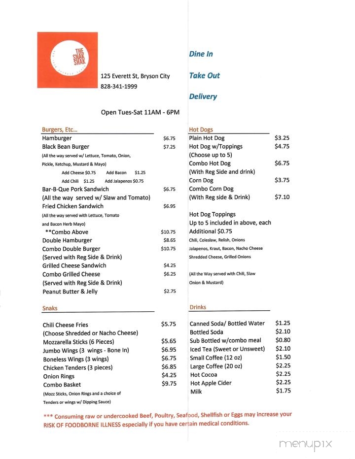 The Snak Shak - Bryson City, NC menu_pic