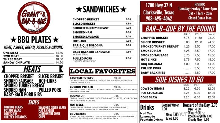 Grant's Bar-B-Que - Clarksville, TX menu_pic