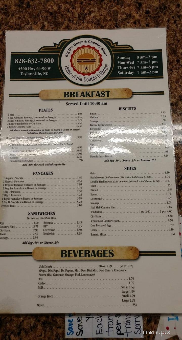 Big D's Diner & Country Store - Taylorsville, NC menu_pic