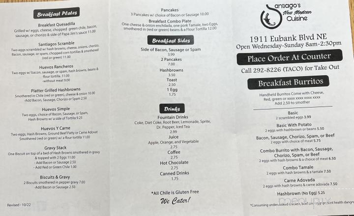 Santiago's New Mexican Grill - Albuquerque, NM menu_pic
