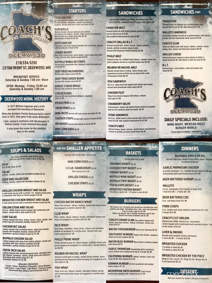 Coach's Corner Bar & Restaurant - Deerwood, MN menu_pic