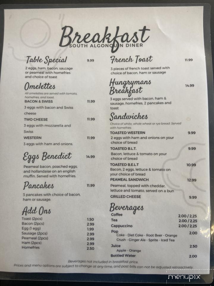 South Algonquin Diner - Wilberforce, ON menu_pic