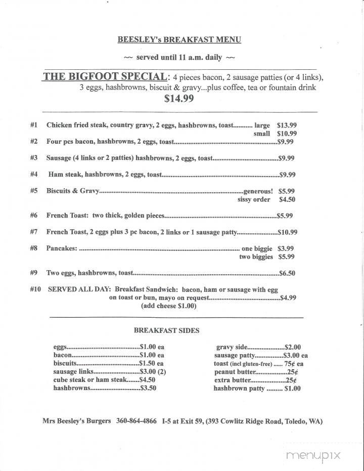 Mrs Beesley's Burgers - Toledo, WA menu_pic