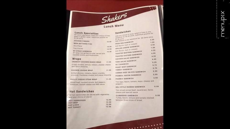 Shakers Family Restaurant - Plattsville, ON menu_pic