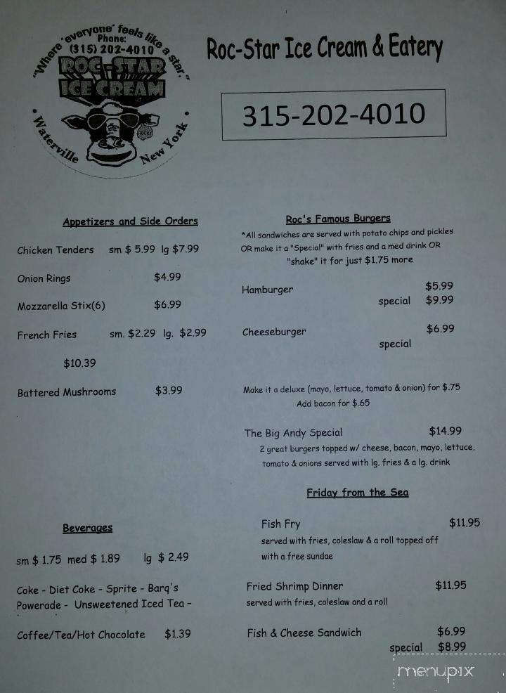 Roc Star Ice Cream & Eatery - Waterville, NY menu_pic