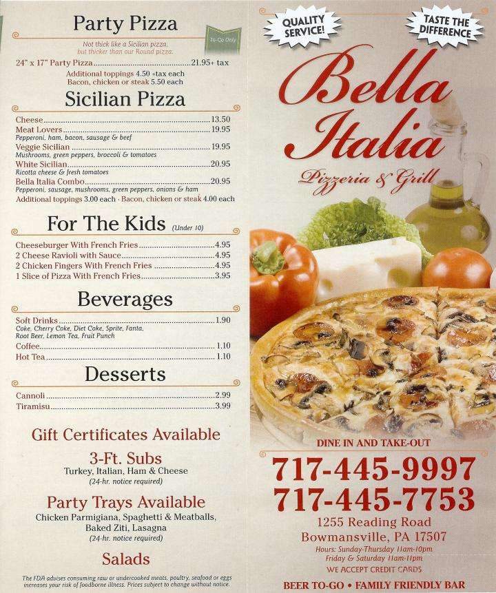 Bella Italia - Bowmansville, PA menu_pic