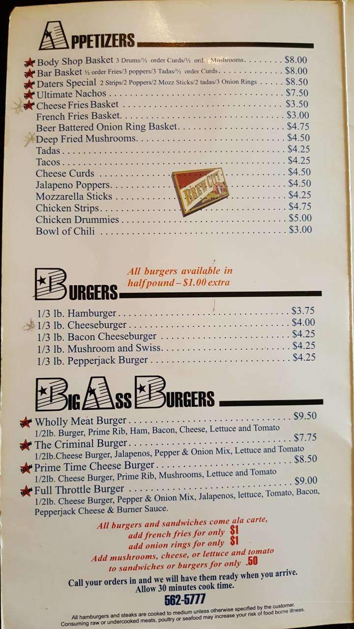 Body Shop Bar & Grill - New Lisbon, WI menu_pic