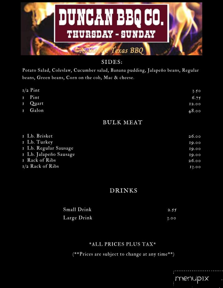 Duncan BBQ - Lone Oak, TX menu_pic