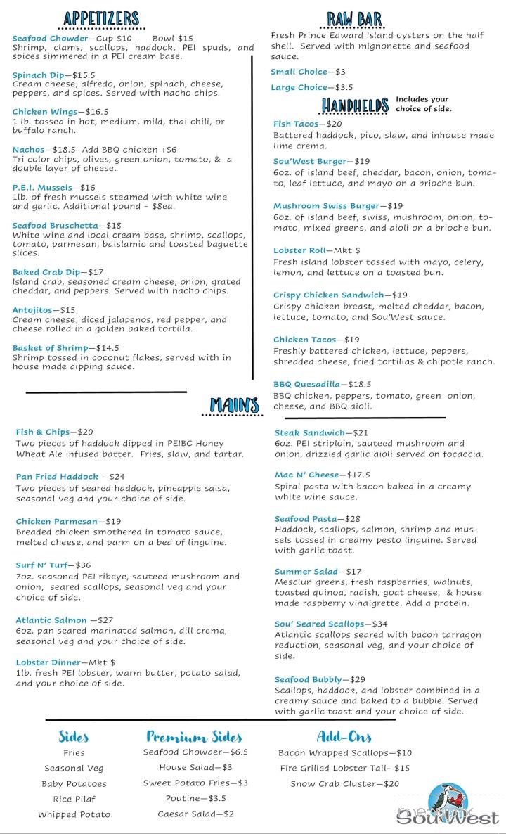 Sou'west Bar And Grill - Kensington, PE menu_pic