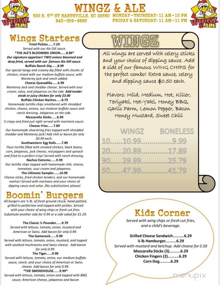 Menu of Wingz & Ale in Hartsville, SC 29550