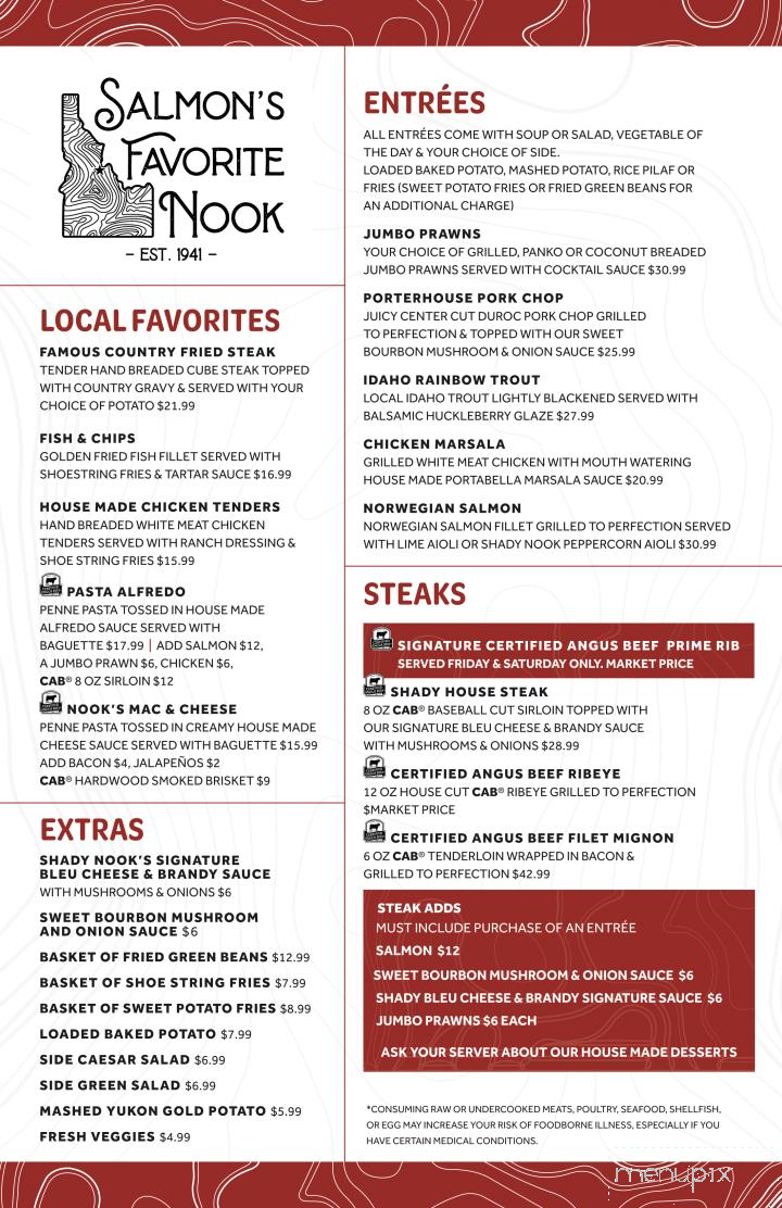 Shady Nook Restaurant & Lounge - Salmon, ID menu_pic