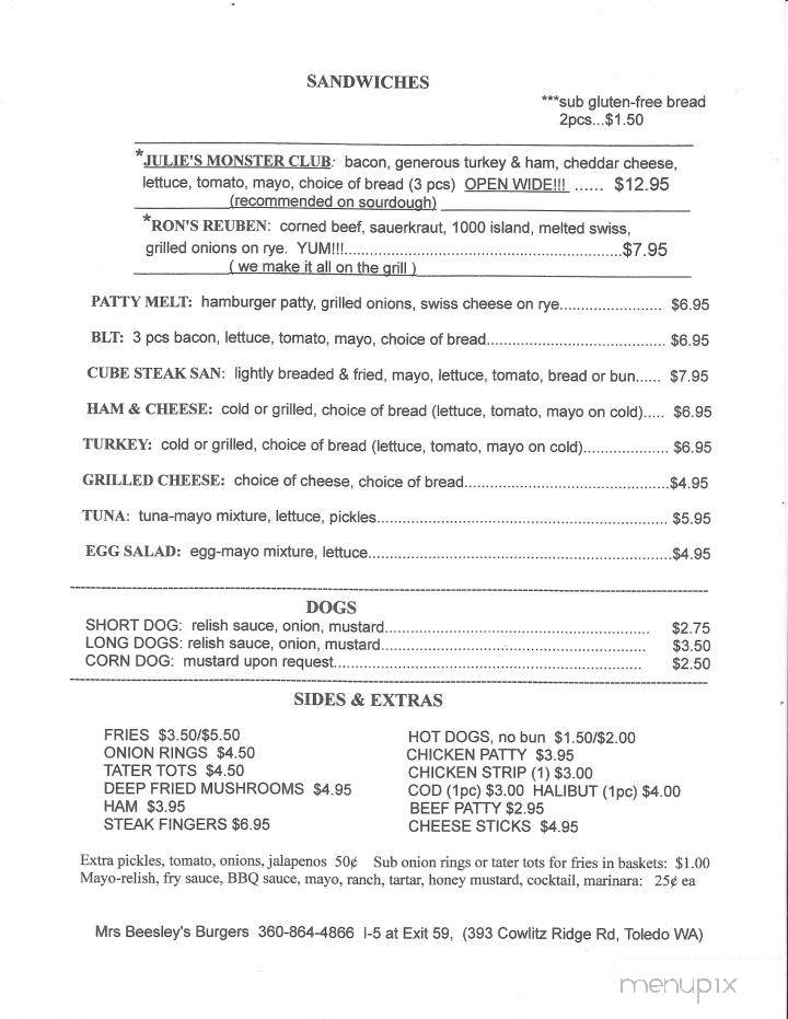Mrs Beesley's Burgers - Toledo, WA menu_pic