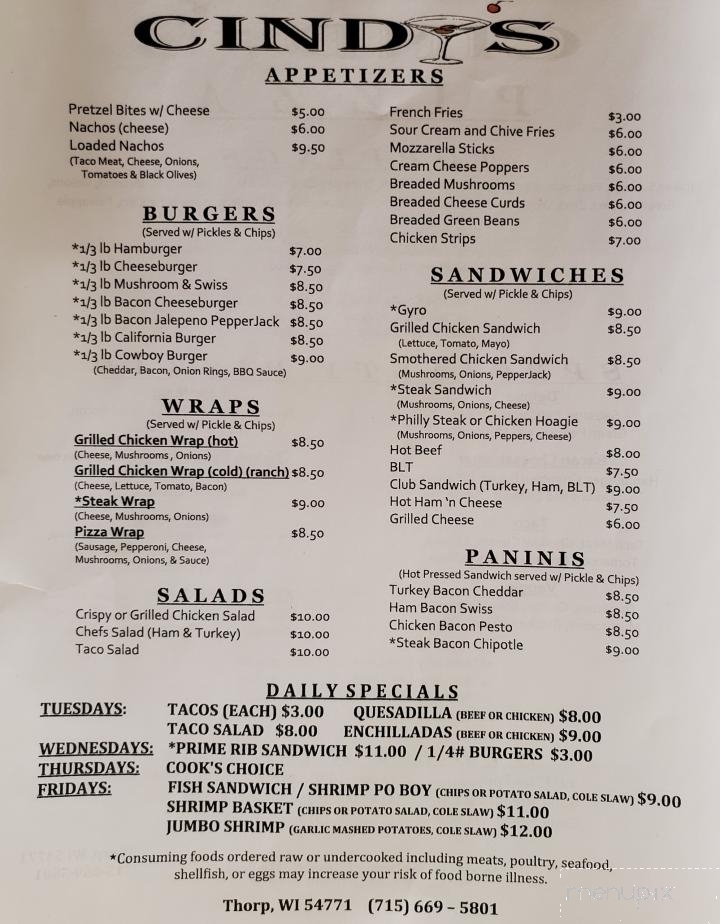 Cindy's - Thorp, WI menu_pic