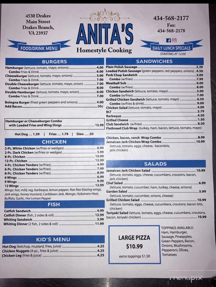 Anita's Homestyle Cooking - Drakes Branch, VA menu_pic