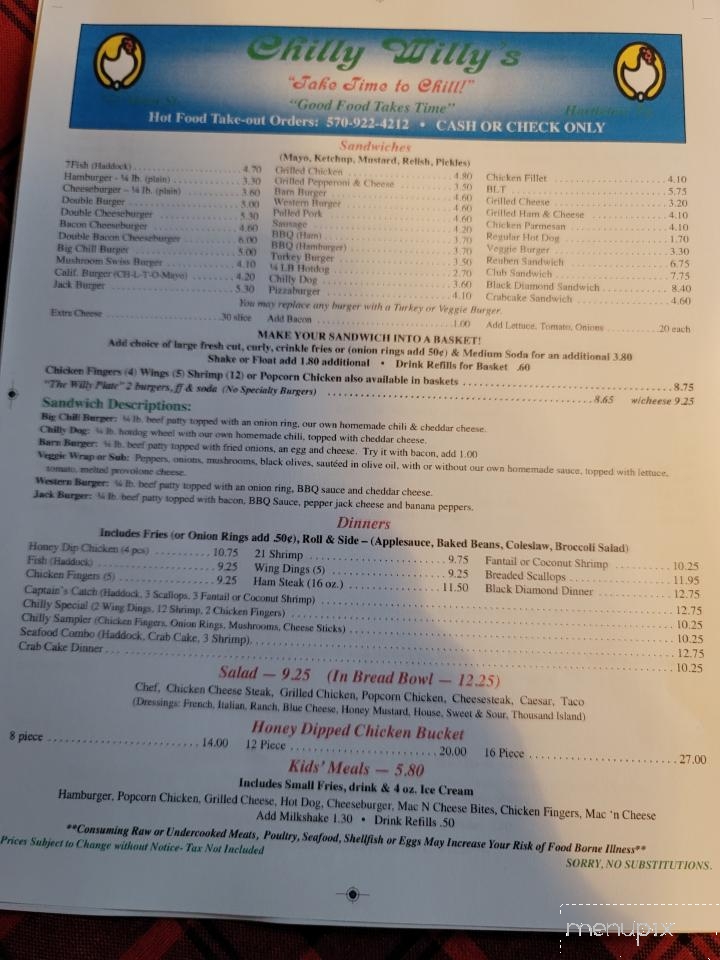Chilly Willy's - Hartleton, PA menu_pic