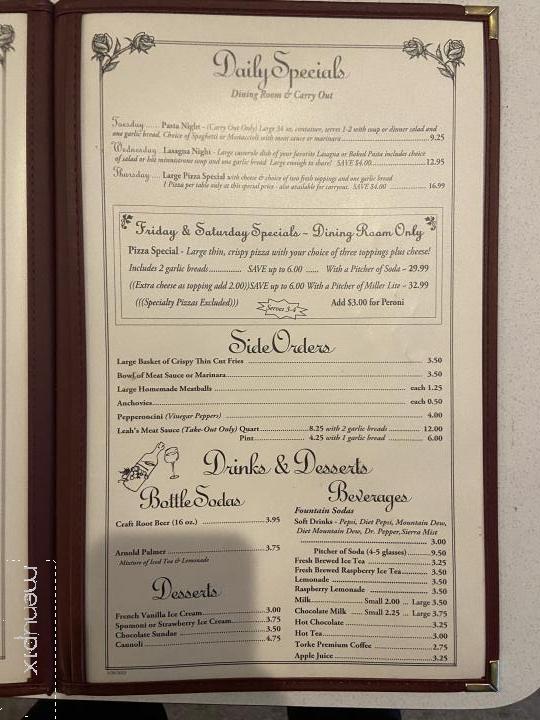Leah's Italian Restaurant - Muskego, WI menu_pic
