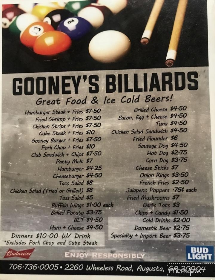 Gooney's Billiard & Grill - Augusta, GA menu_pic