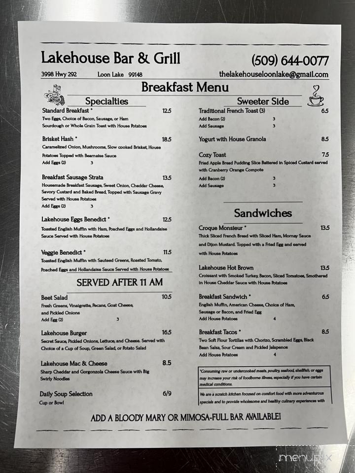 Lake House Bar & Grill - Loon Lake, WA menu_pic