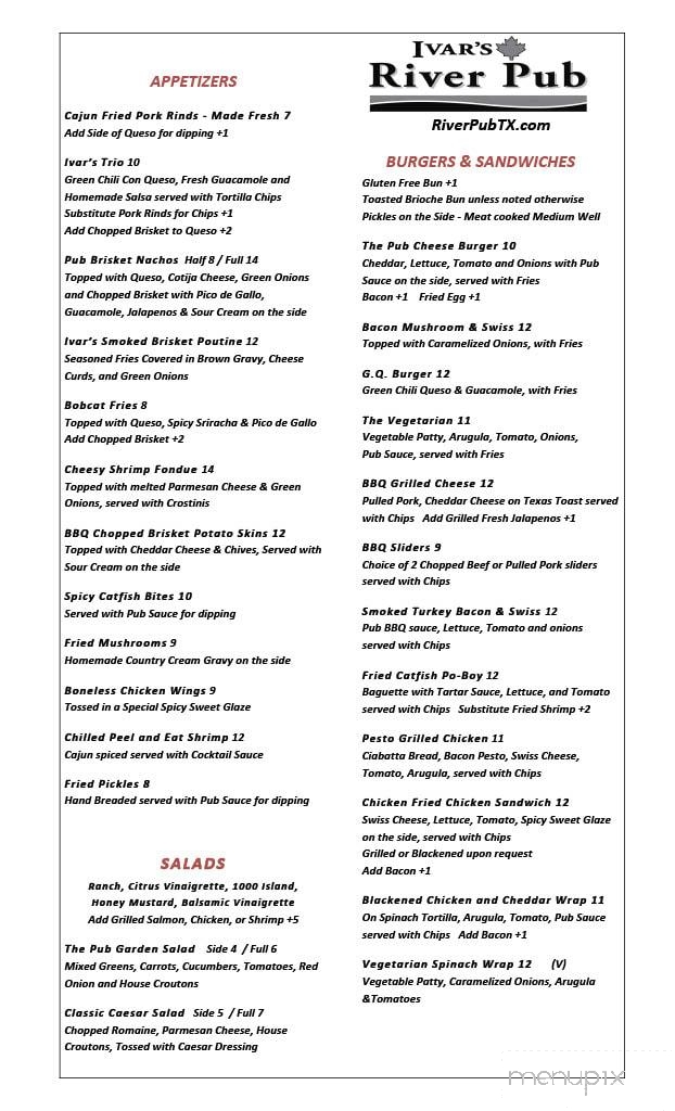 Ivar's River Pub - San Marcos, TX menu_pic