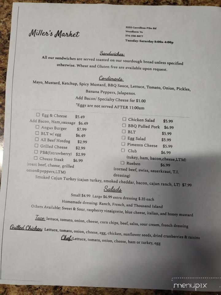 Miller's bakery and deli - Woodlawn, VA menu_pic
