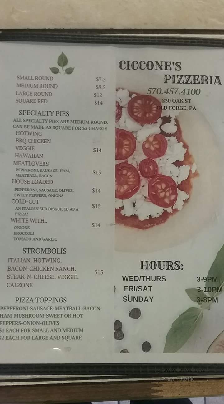 Ciccone's Pizza - Old Forge, PA menu_pic