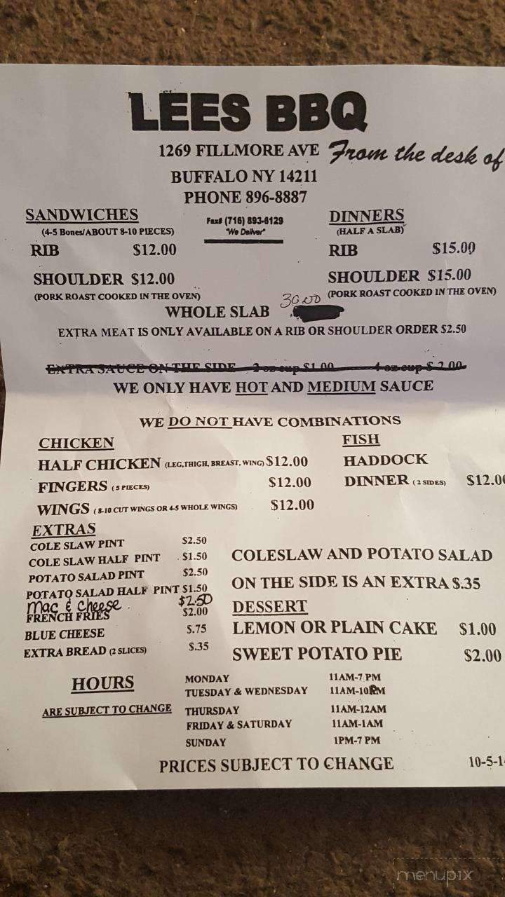 Menu of Lee's Barbecue in Buffalo, NY 14211