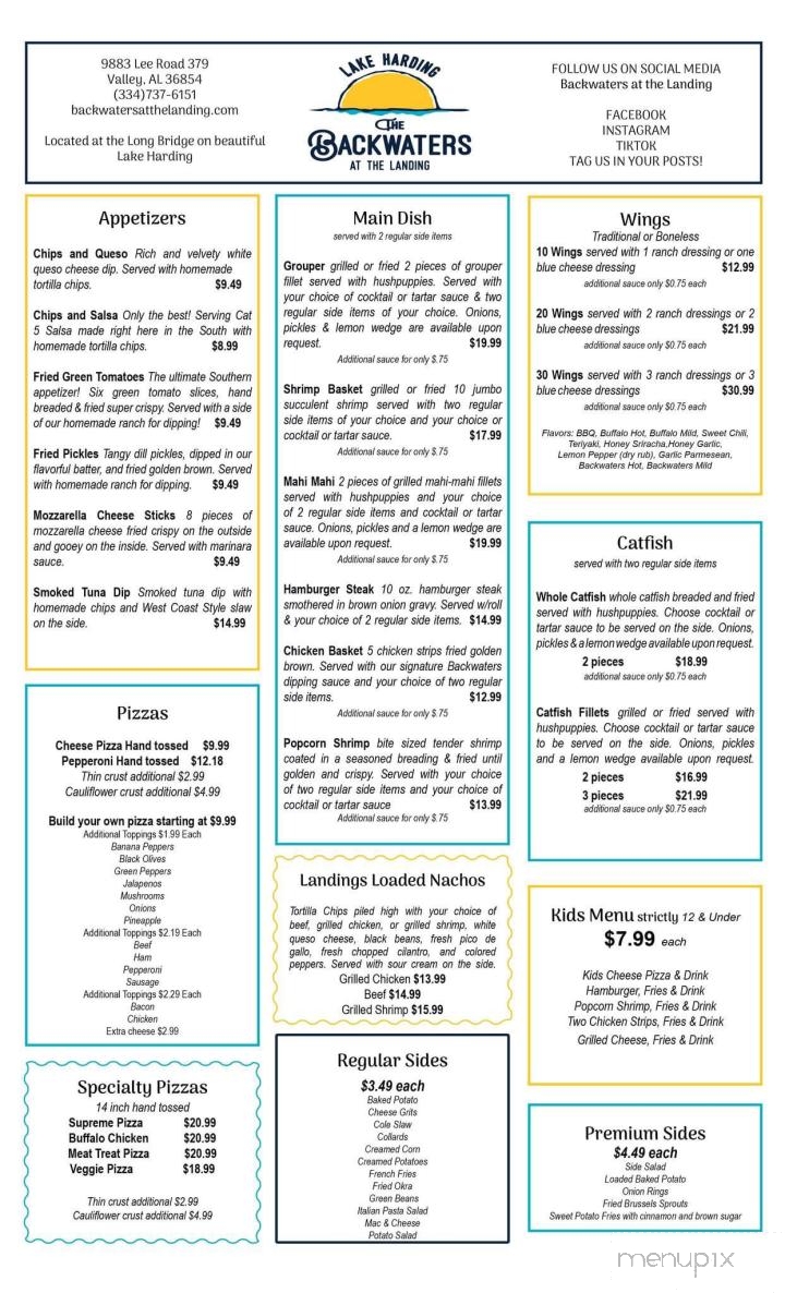 The Backwaters At the Landing - Valley, AL menu_pic