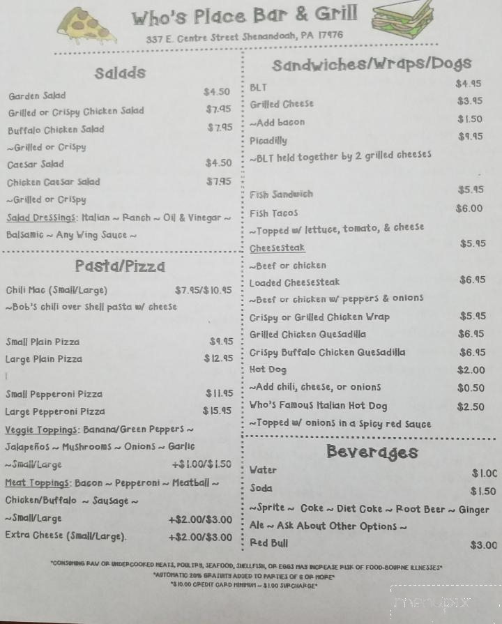Who's Place Bar & Grill - Shenandoah, PA menu_pic