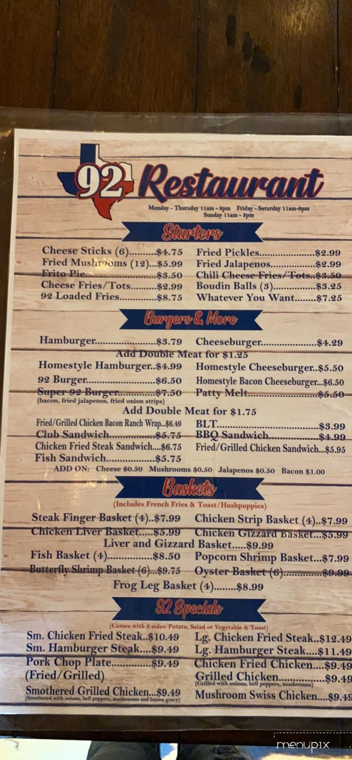 92 Restaurant - Fred, TX menu_pic