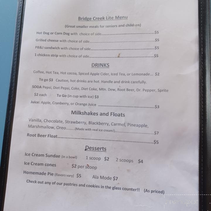 Bridge Creek Cafe - Mitchell, OR menu_pic