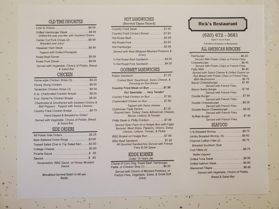 Rick's Restaurant - Pratt, KS menu_pic